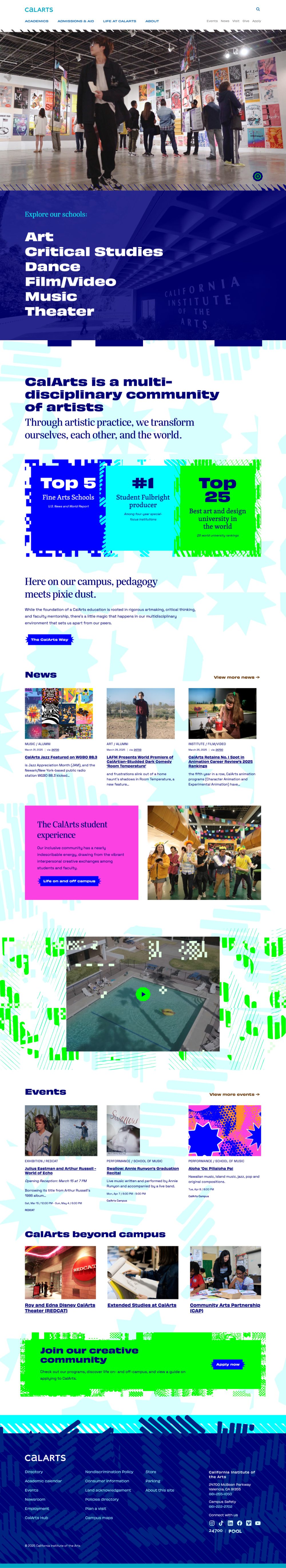 CalArts homepage design showcasing multi-disciplinary arts programs and campus life